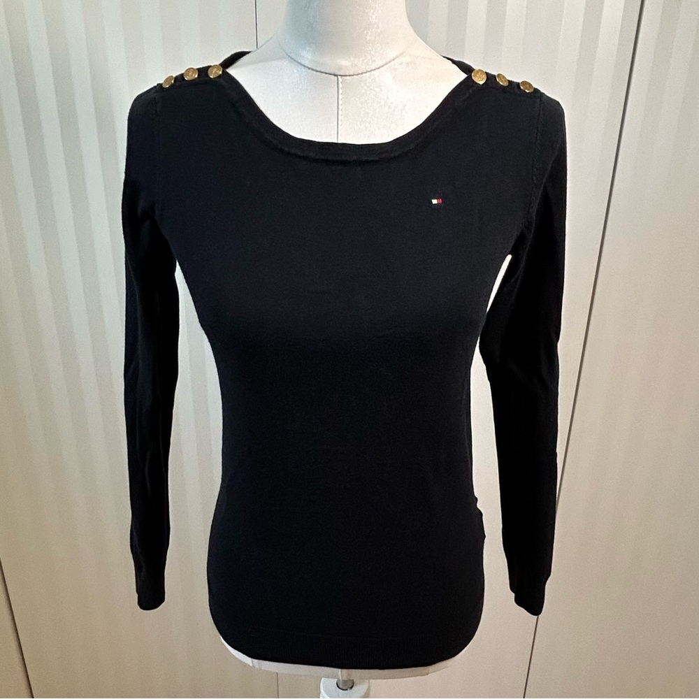 Tommy Hilfiger black long sleeve sweater gold shoulder buttons epaulettes Size S